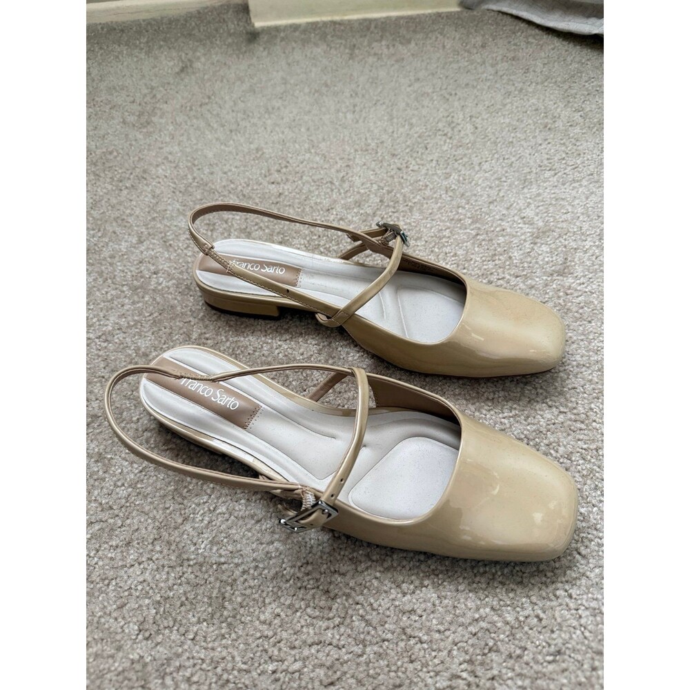 Franco Sarto L-Destin Patent Slingback Flats Square Toe Cream Beige 7.5M